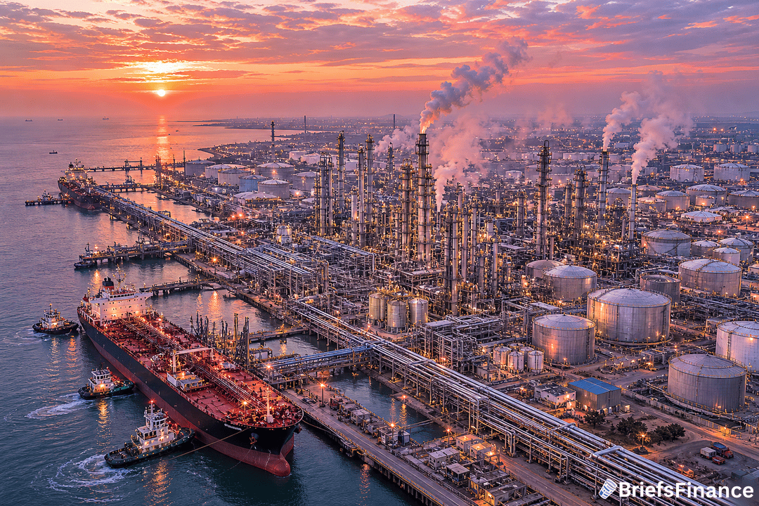 Aerial view of a large oil refinery and port at sunset, with storage tanks, industrial chimneys emitting smoke, and ships docked along the waterfront.