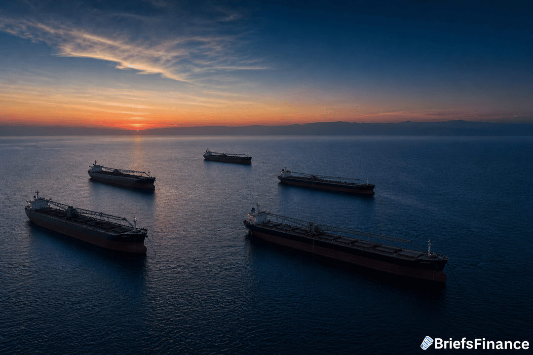 Five large cargo ships are anchored on calm water at sunset, with a clear sky and distant horizon. The image includes the BriefsFinance logo in the bottom right corner.