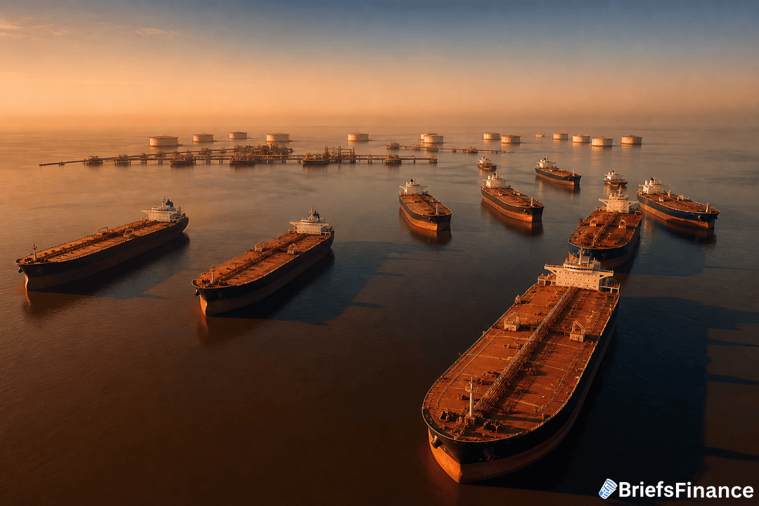 Aerial view of multiple oil tankers anchored near large storage tanks in a calm body of water at sunset, with a BriefsFinance watermark.