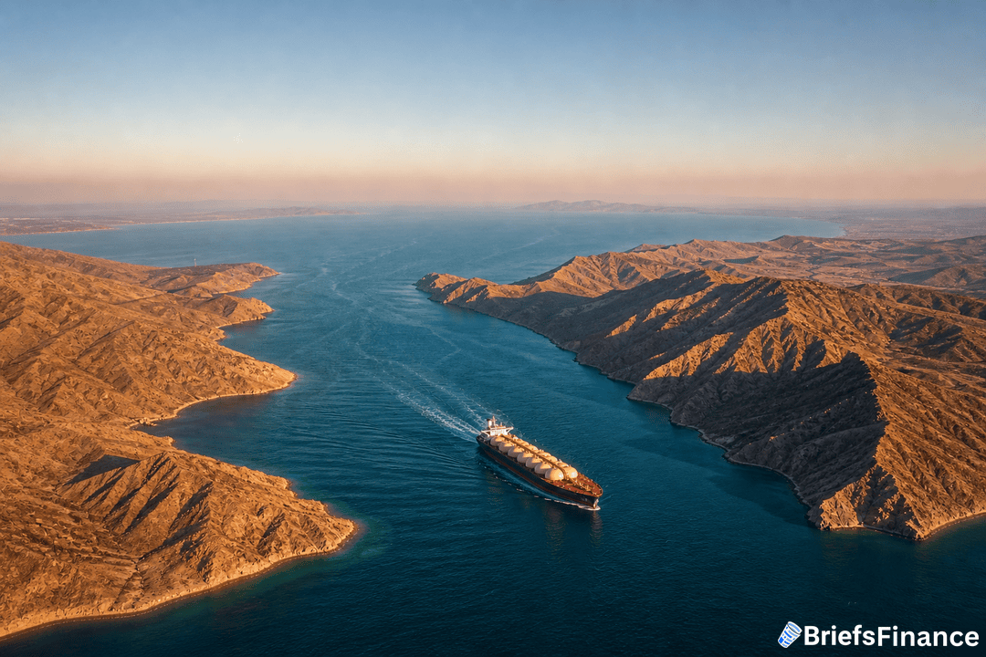 A cargo ship travels through a wide waterway surrounded by rugged, sunlit mountains under a clear sky.