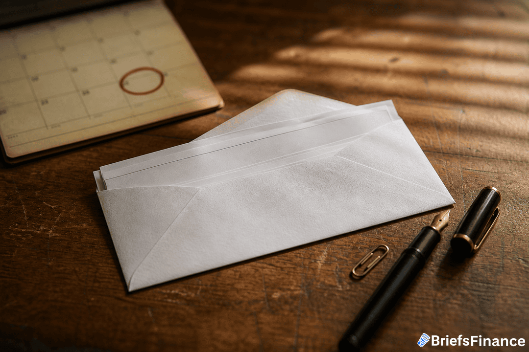 An open envelope with papers inside is on a wooden desk, next to a pen, a paperclip, and a calendar with a date circled in red.
