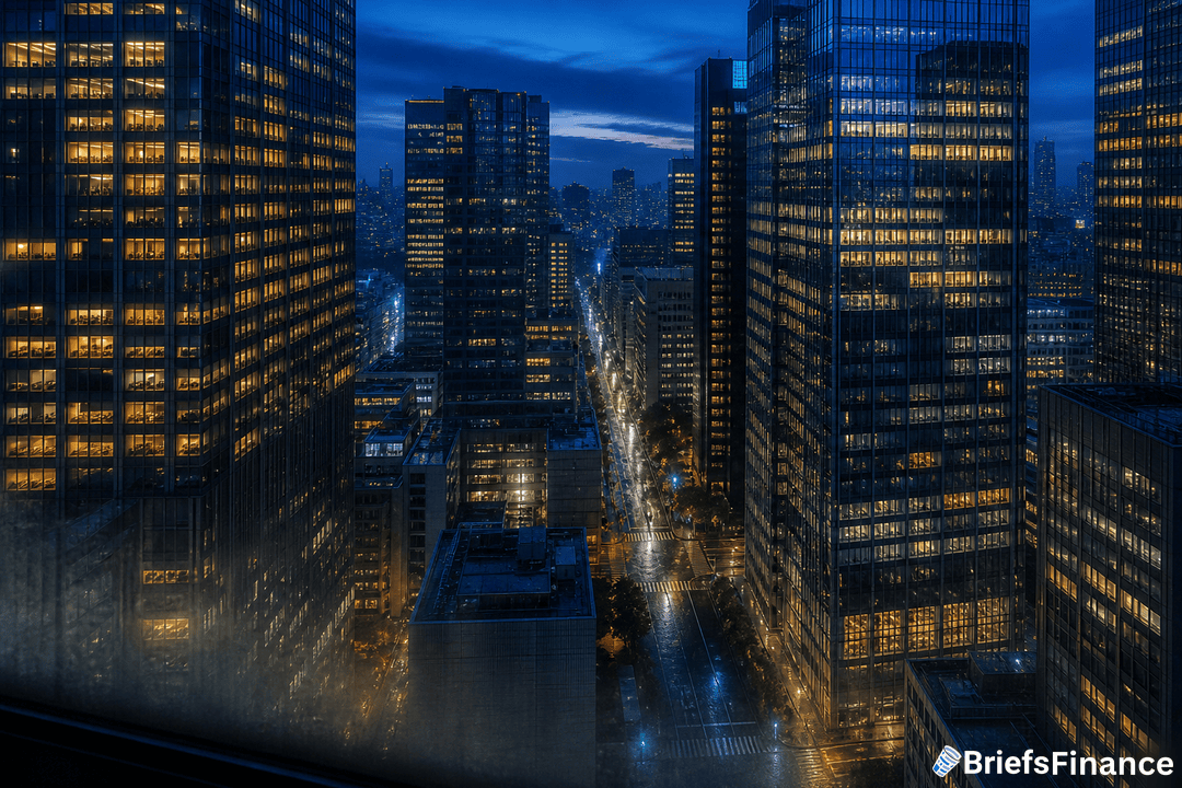 View of a city street at night, lined with tall office buildings illuminated with lights, seen from a high vantage point.