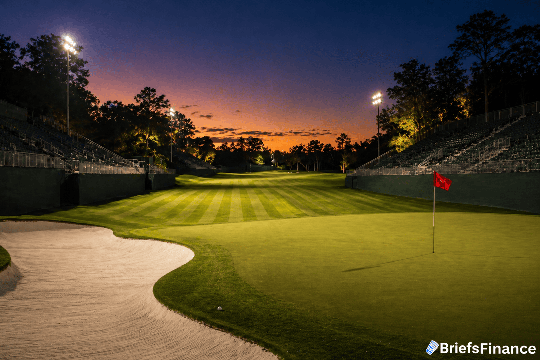 A golf course at dusk with a red flag on the green, sand bunker in the foreground, and stadium lights illuminating the area.