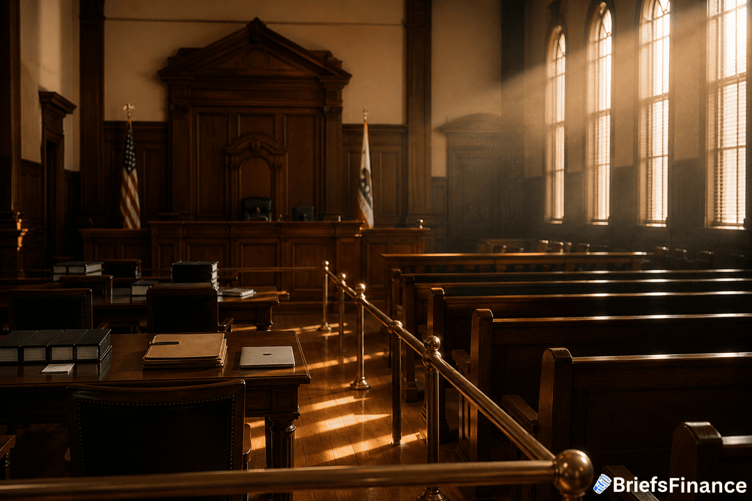 Empty courtroom with wooden benches, desks, and chairs, sunlight streaming through tall windows, American and California flags near the judge’s bench.