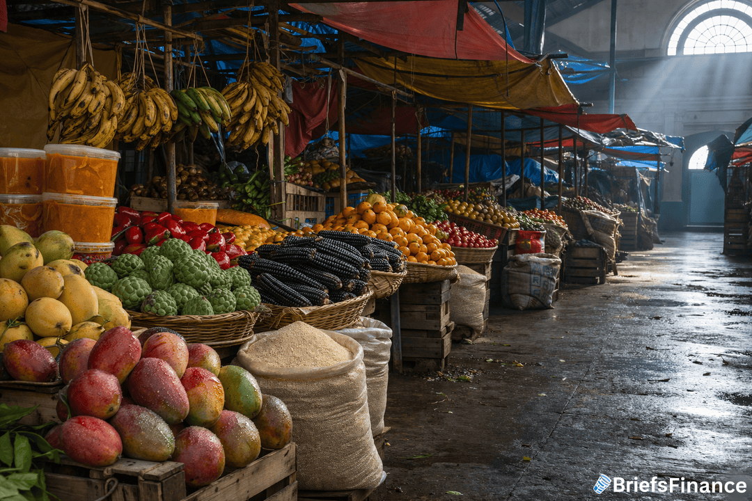 Fruit and vegetable market with baskets of mangoes, bananas, citrus, corn, and other produce displayed on wooden stalls under colorful tarps, with sunlight streaming in.