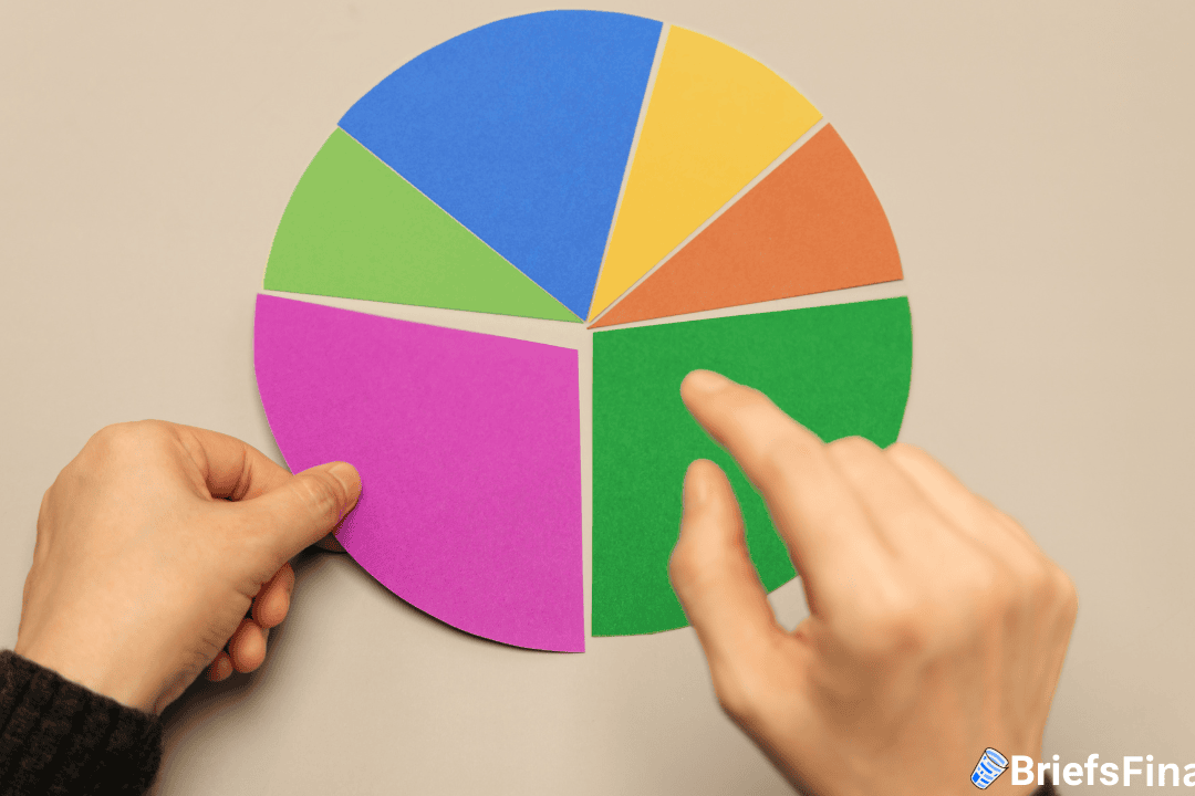 A person arranges a colorful paper pie chart on a beige surface, with "BriefsFind" branding visible in the lower right corner.