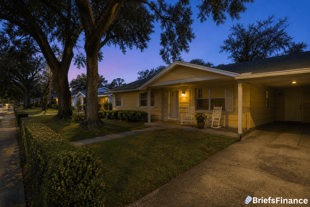 Single-story yellow house with a front porch, rocking chairs, and lit exterior light, surrounded by trees and a trimmed hedge at dusk.