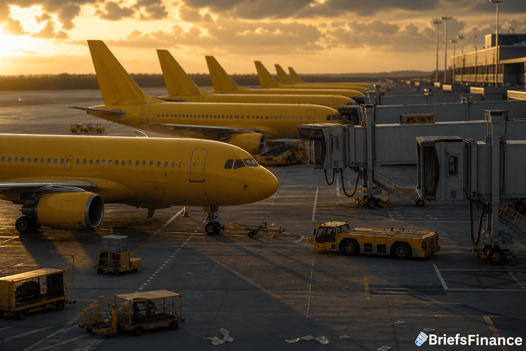 Several yellow passenger airplanes are parked at airport gates during sunset, with various ground service vehicles nearby.