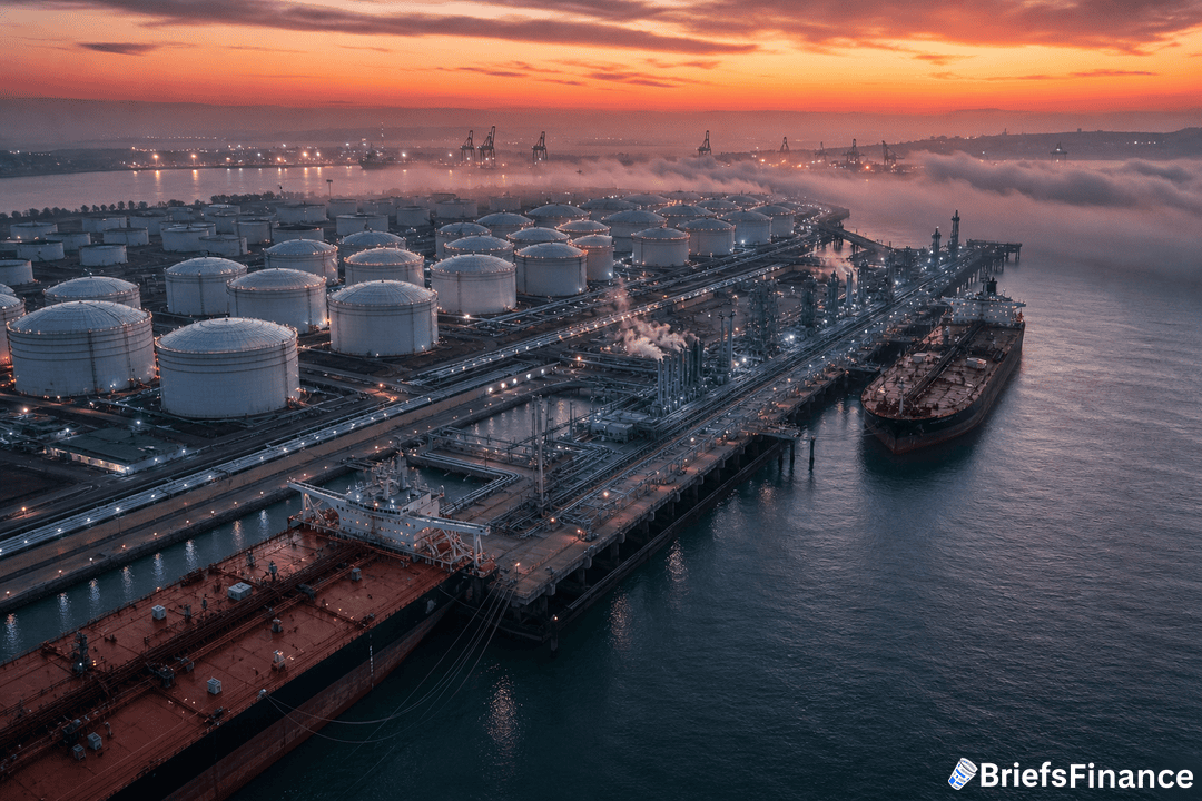 Aerial view of an industrial port with large white storage tanks, docked oil tankers, pipelines, and water at sunset with fog in the background.