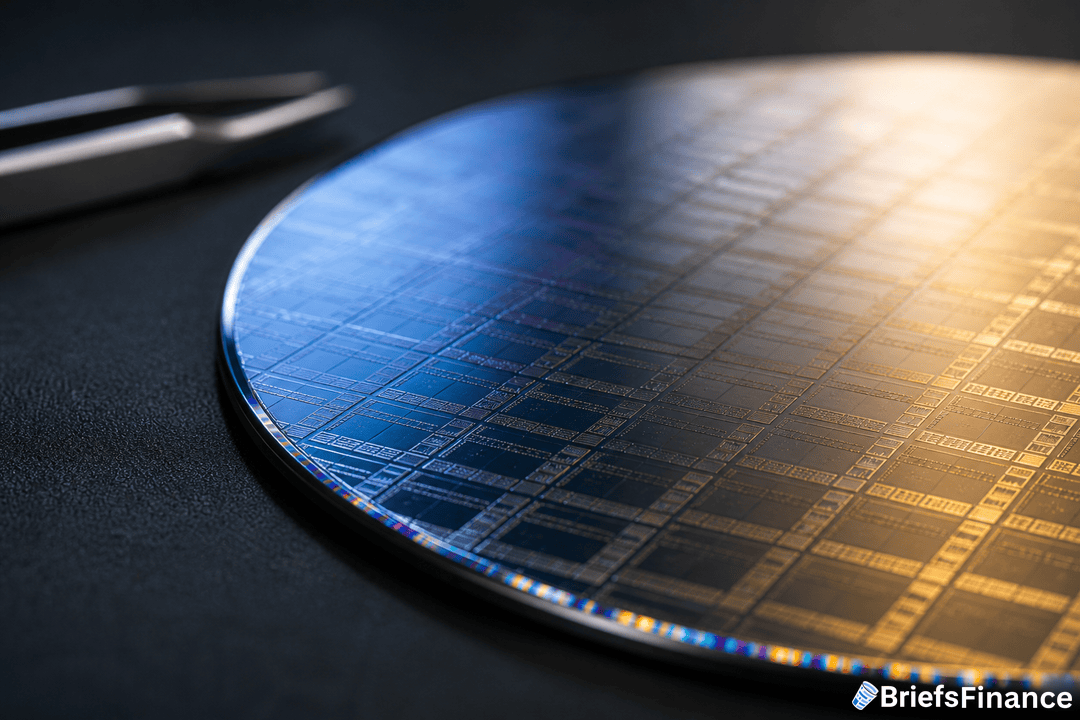 A close-up view of a silicon semiconductor wafer with intricate circuit patterns, placed next to metallic tweezers on a dark surface.