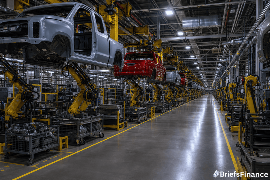 Automobile frames are assembled by robotic arms along a production line in a brightly lit car manufacturing factory.