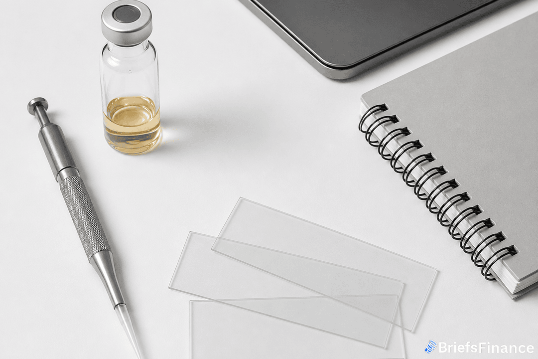 A vial, a metal tool, three glass slides, a spiral notebook, and part of a laptop are arranged on a white surface.