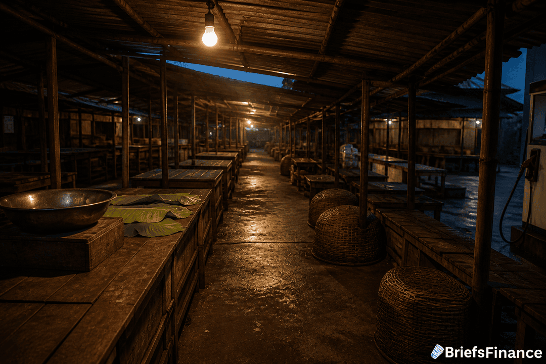 Empty market stalls under a wooden roof at dusk, with scattered baskets, metal bowl, and a few leaves on display tables. A single hanging bulb lights the scene.
