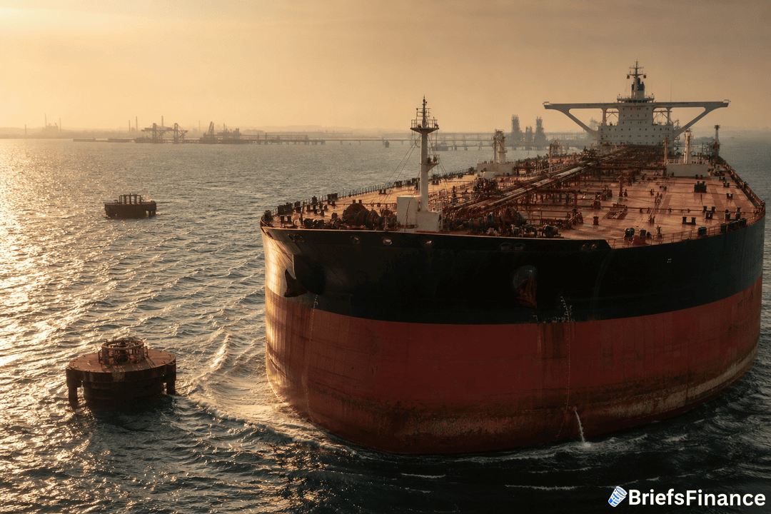 Large oil tanker with tugboats approaching an industrial port at sunset, with docks and cranes visible in the background.