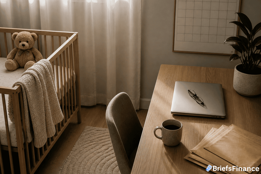 A home office setup with a desk, laptop, coffee mug, and envelopes beside a crib with a teddy bear and a blanket, in a softly lit room.
