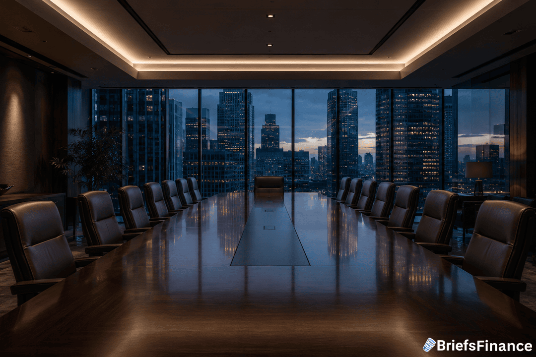 A large, empty boardroom with a polished wooden table and leather chairs, overlooking a city skyline at dusk through floor-to-ceiling windows. The BriefsFinance logo is in the bottom right corner.