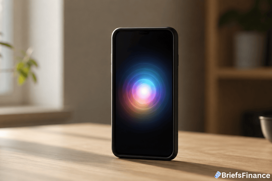 A smartphone stands upright on a wooden table, displaying a glowing, multicolored circular graphic on its screen. The room is softly lit with blurred shelves and a window in the background. BriefsFinance logo is in the corner.