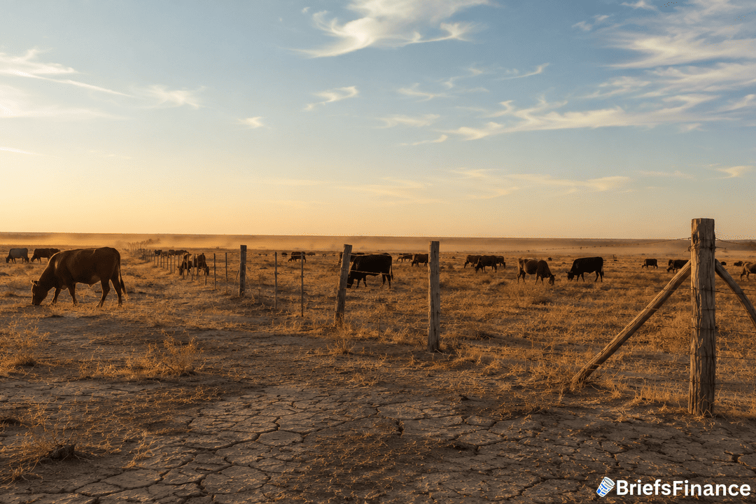 Cattle grazing on a dry, cracked field at sunset, with wooden fences dividing the pasture and a dusty sky in the background. The BriefsFinance logo is visible in the bottom right corner.