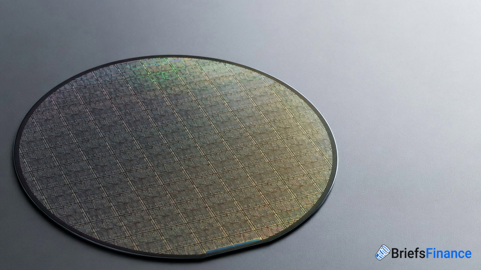 A silicon wafer with grid patterns rests on a smooth, gray surface. The logo "BriefsFinance" appears in the bottom right corner.