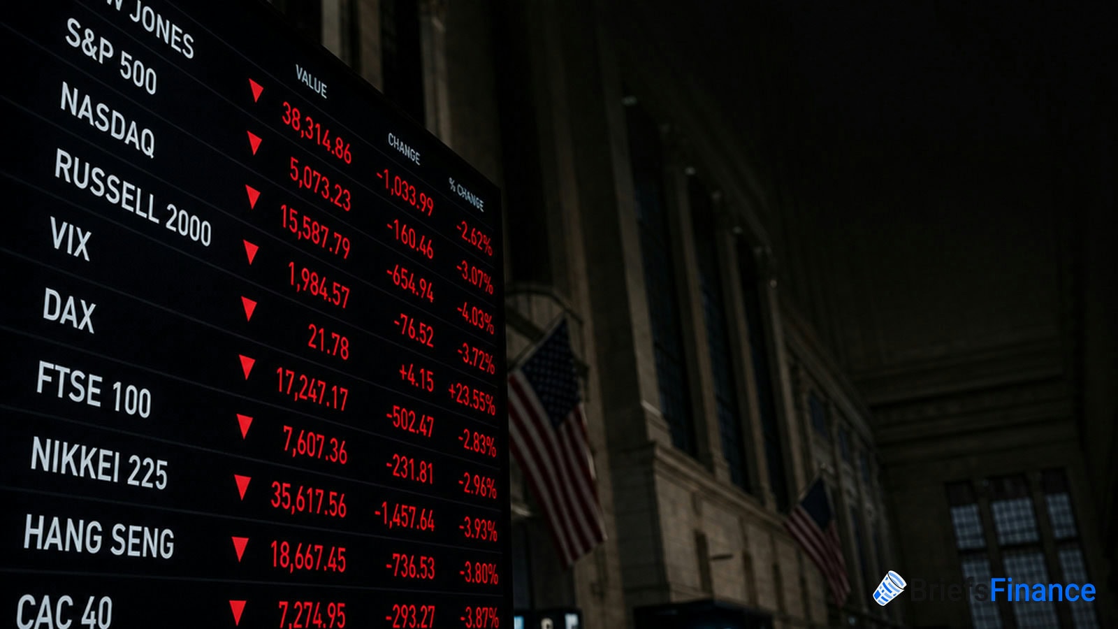 Electronic board displaying major stock indices with red downward values, set inside a building with American flags visible in the background.