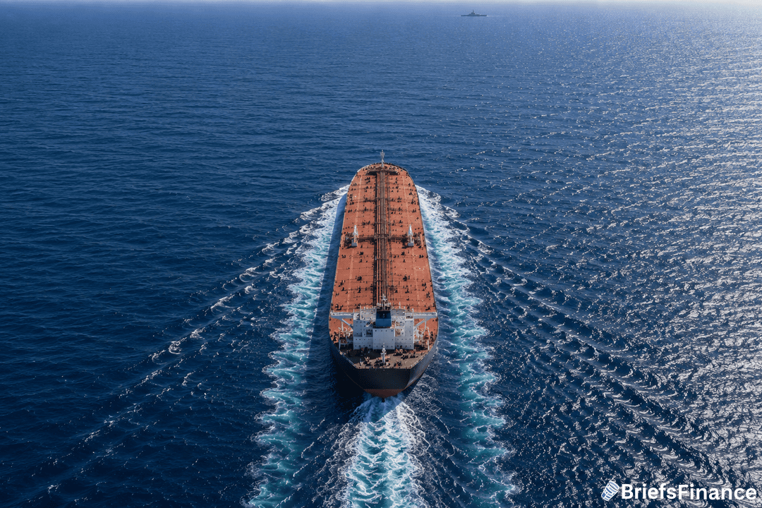 An aerial view of a large cargo ship sailing through the open ocean, leaving a wake behind. The sea is calm and stretches to the horizon, with a small ship visible in the distance.
