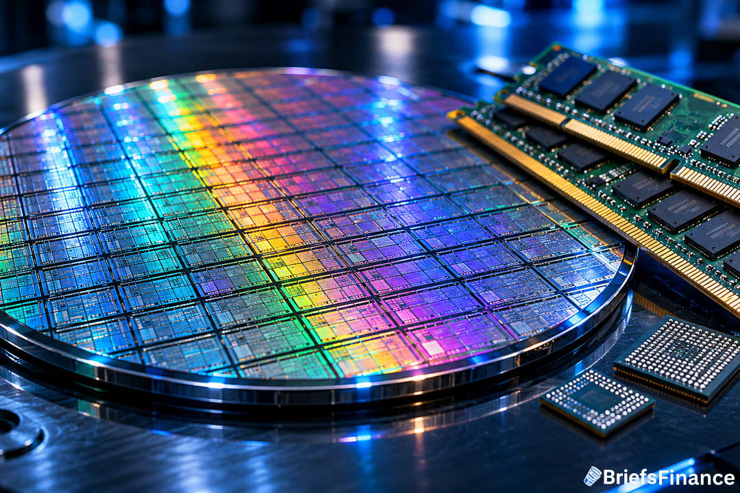 A silicon wafer with colorful reflections sits next to computer memory modules and microchips on a metallic surface. The image is branded with the BriefsFinance logo in the bottom right corner.