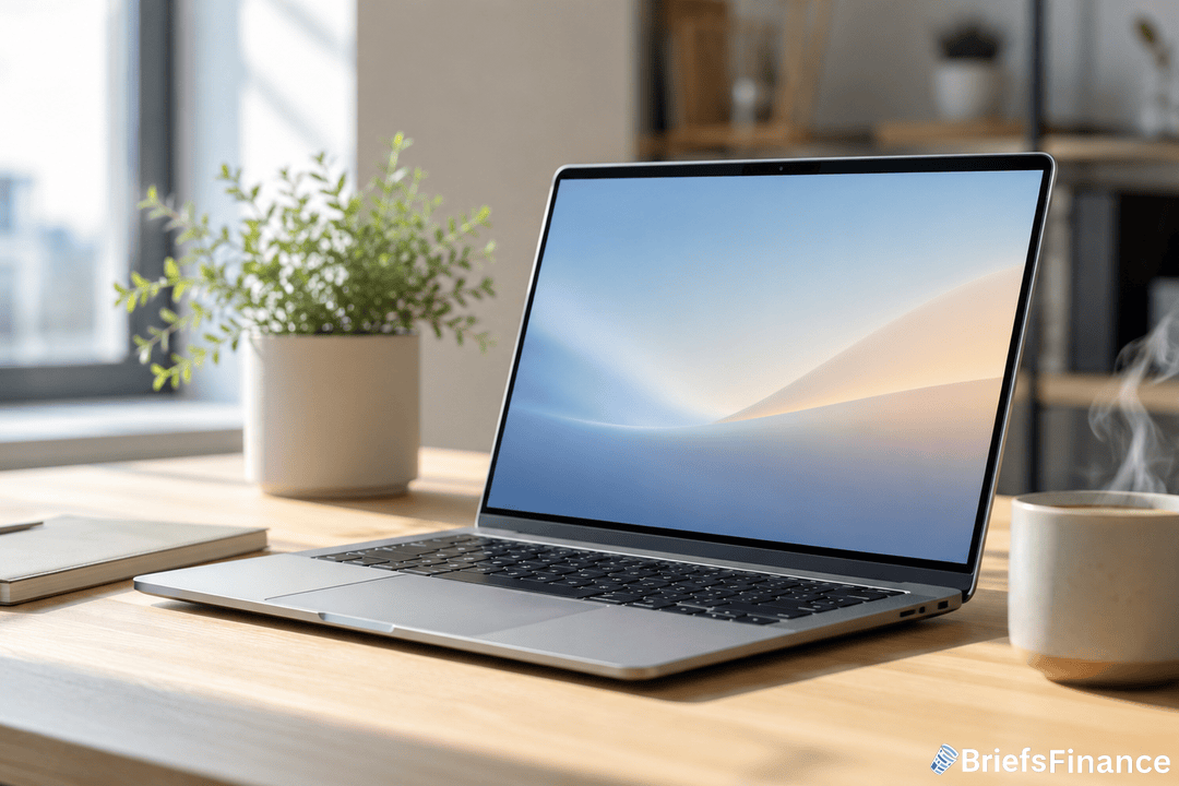 A laptop sits on a wooden desk near a potted plant and a steaming mug, with soft natural light coming through a window. The screen displays a minimalist abstract background.