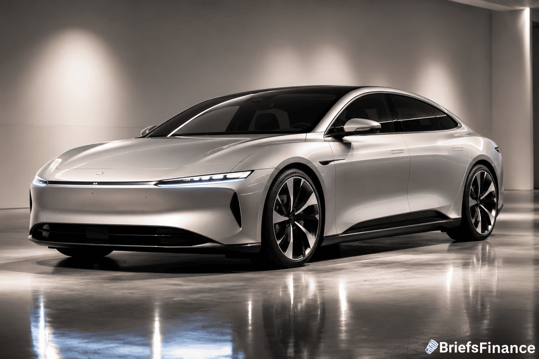 A sleek, silver electric luxury sedan with slim LED headlights is parked in a modern, minimalist showroom. The BriefsFinance logo is visible in the lower right corner.