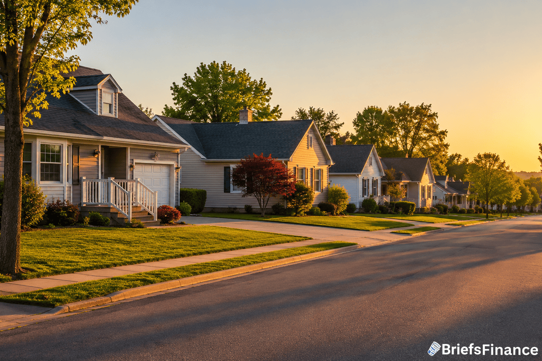 A quiet suburban street at sunrise, lined with well-kept single-family homes, green lawns, trees, and a clear sky. The sunlight casts a warm glow over the neighborhood.
