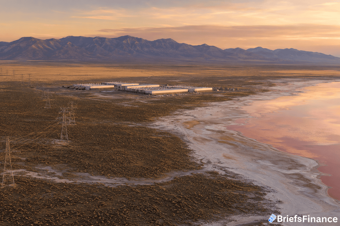 Aerial view of a large industrial facility near a salt flat and reddish water, with mountains in the background and power lines running across the dry landscape at sunset. BriefsFinance logo is present in the bottom right corner.