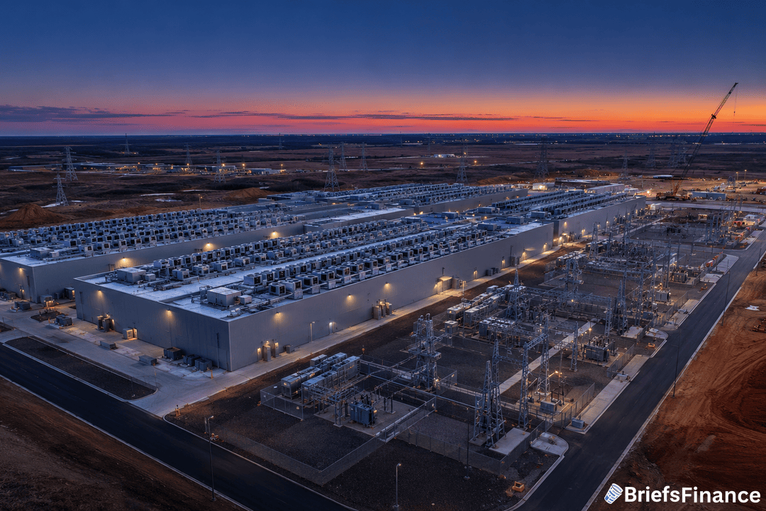 A large industrial complex with multiple warehouse-like buildings and electrical equipment, illuminated at dusk, sits in a vast open landscape under a colorful sunset sky.