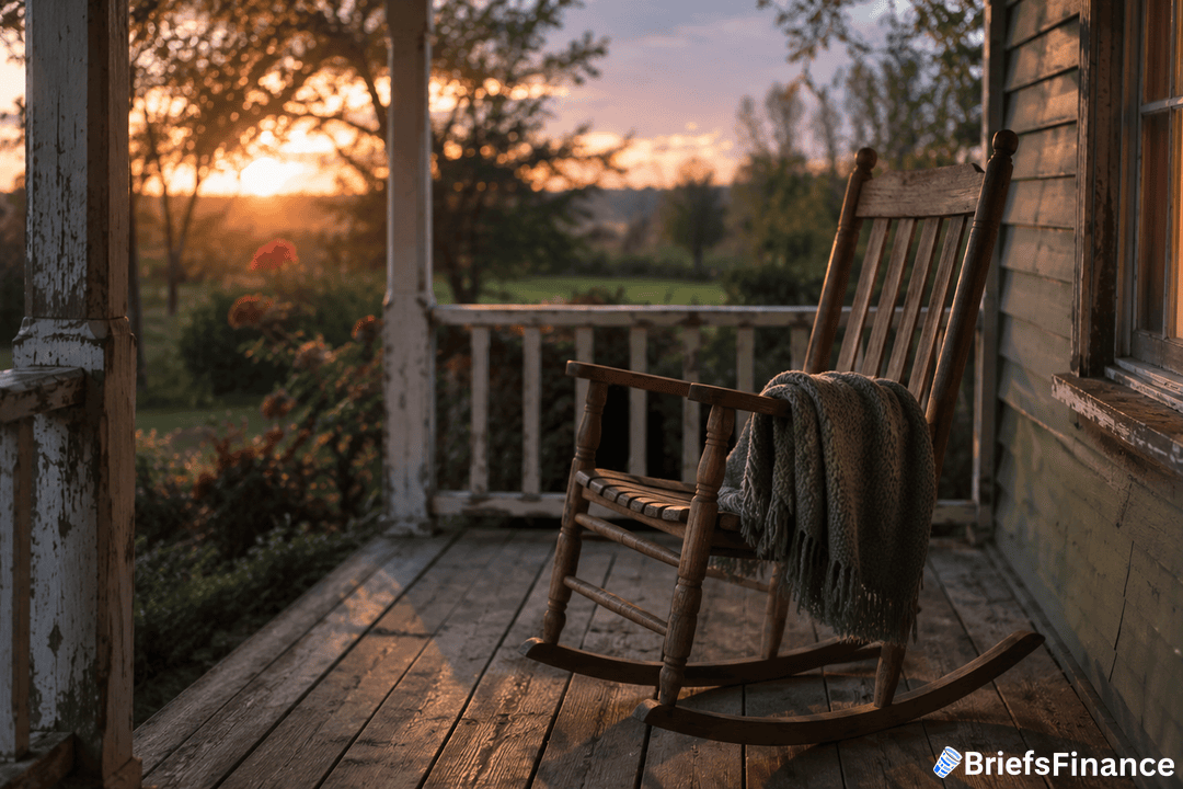 A wooden rocking chair with a green blanket draped over it sits on a rustic porch at sunset, with warm sunlight and a view of a garden and trees in the background.