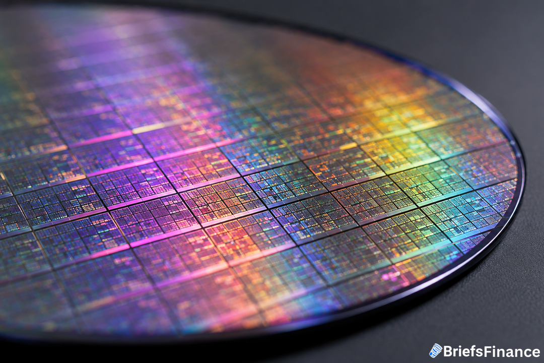 A close-up of a silicon wafer with colorful, iridescent reflections displaying intricate microchip patterns, resting on a dark surface. The BriefsFinance logo appears in the bottom right corner.