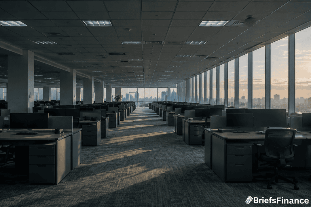 A large, modern office with rows of empty desks and chairs. Floor-to-ceiling windows line one side, letting in natural light and showing a city skyline at sunset. The BriefsFinance logo appears in the bottom right corner.