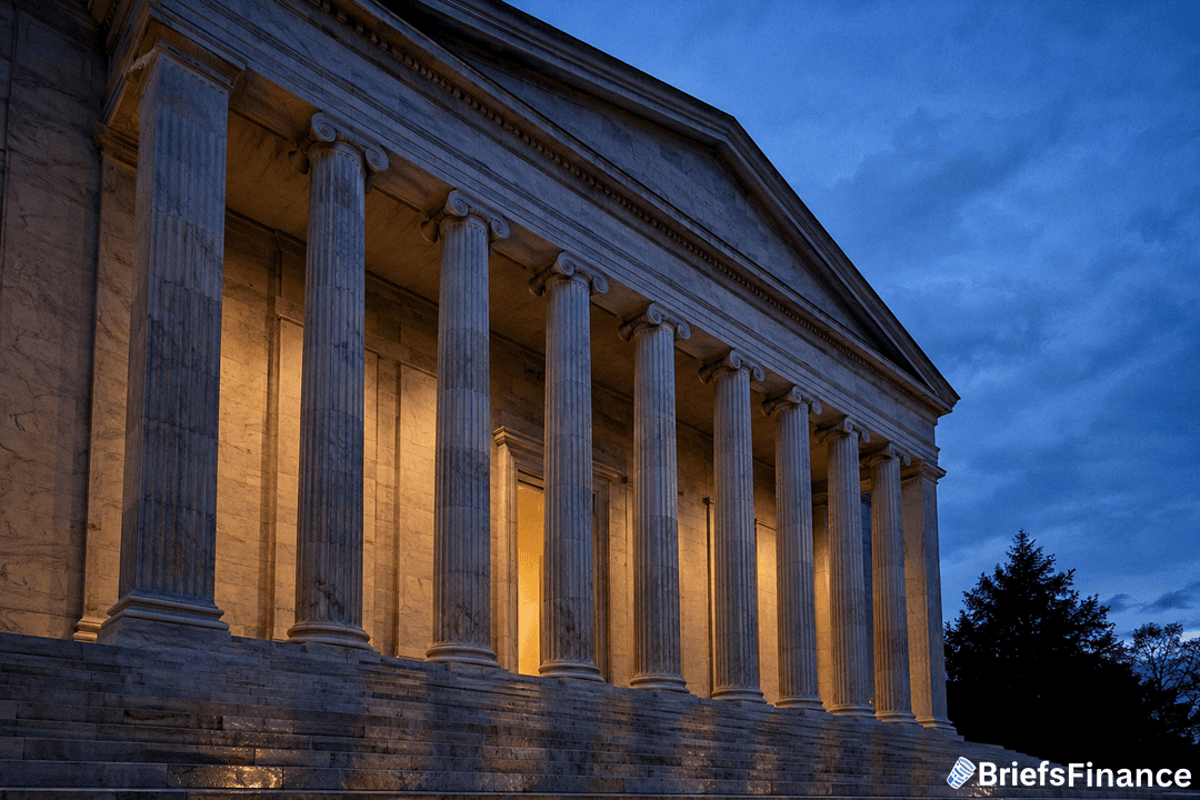 A neoclassical building with tall columns is illuminated by warm lights at dusk, with a darkening blue sky and a tree silhouette in the background. The BriefsFinance logo appears in the bottom right corner.