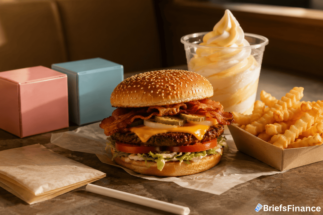 A cheeseburger with bacon, lettuce, tomato, and pickles sits on parchment next to crinkle-cut fries, a cup of soft serve, napkins, and two pastel-colored cubes on a table. BriefsFinance logo is in the corner.