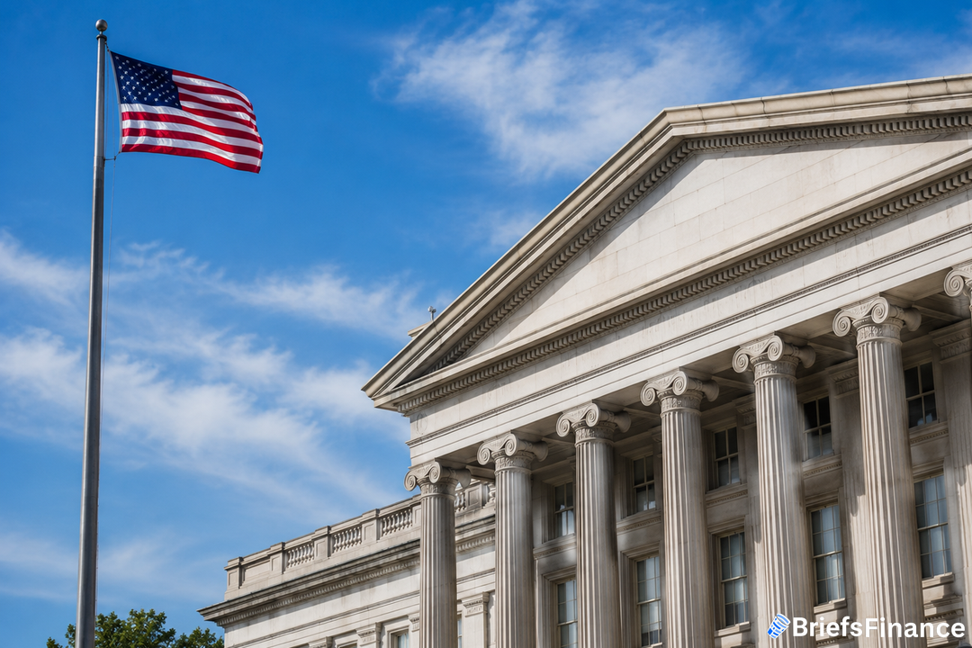 Treasury building with U.S. flag