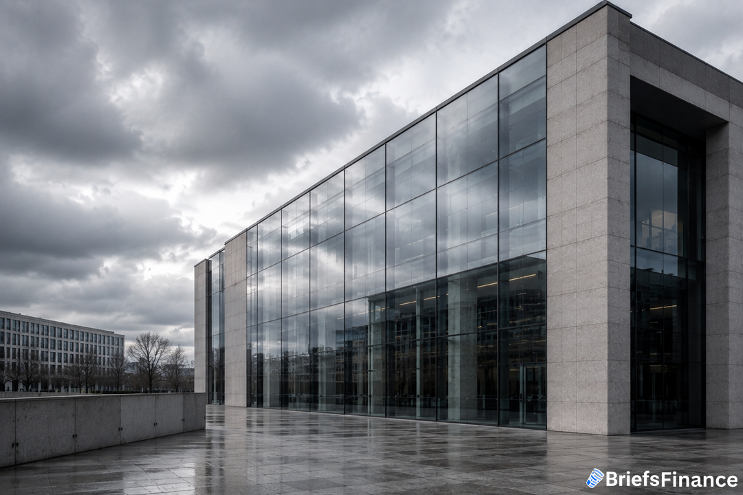 Minimalist European bank building exterior under overcast daylight