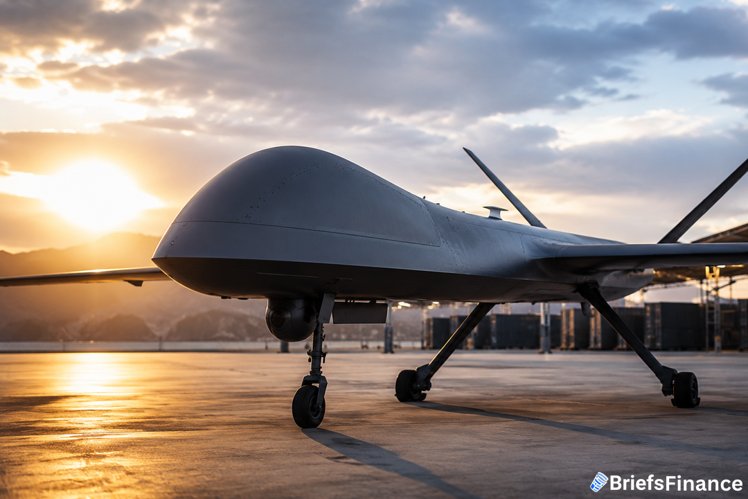 Military drone on airstrip at dawn