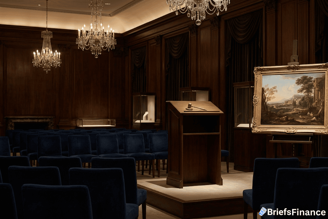 Auction house interior, painting easel