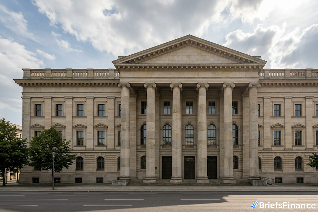Grand German neoclassical bank building with stone columns