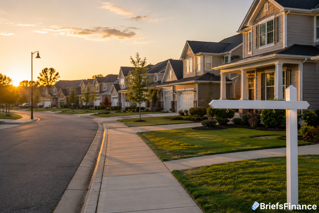 Suburban American street at golden hour with a blank yard sign post