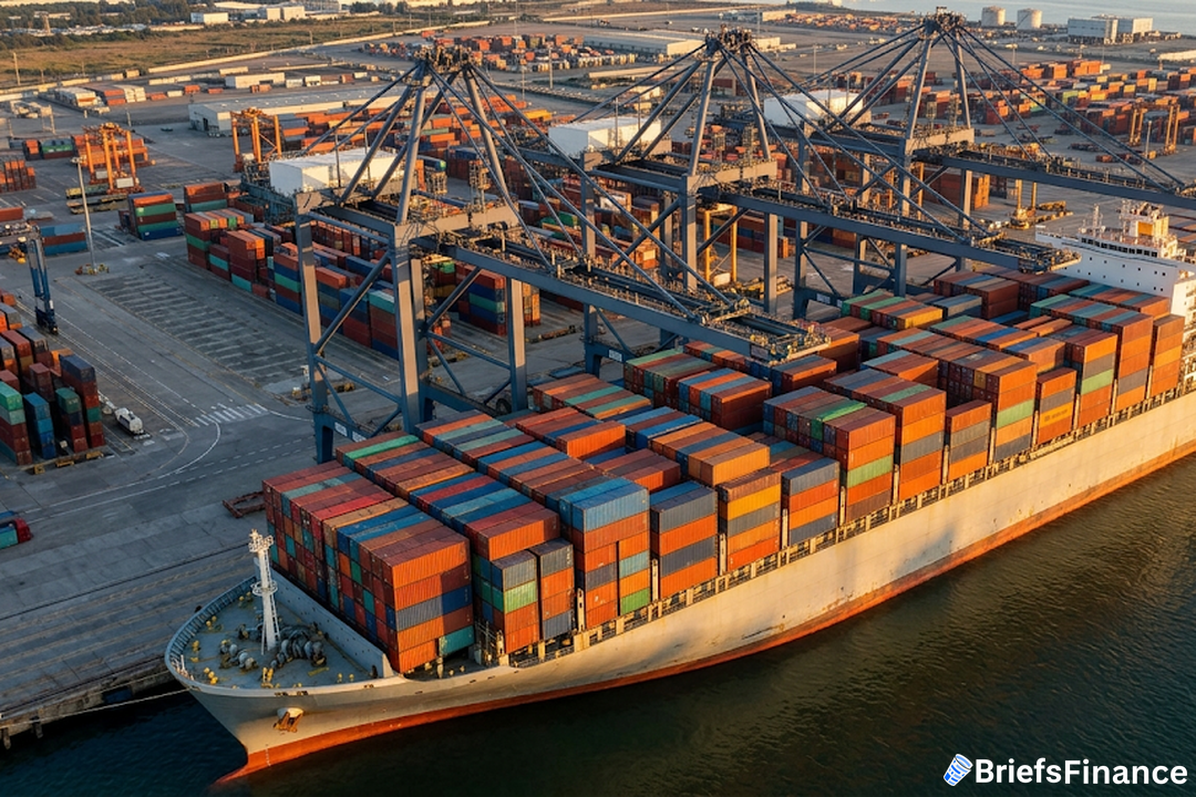 Container ship loaded with colorful containers at a busy port with cranes