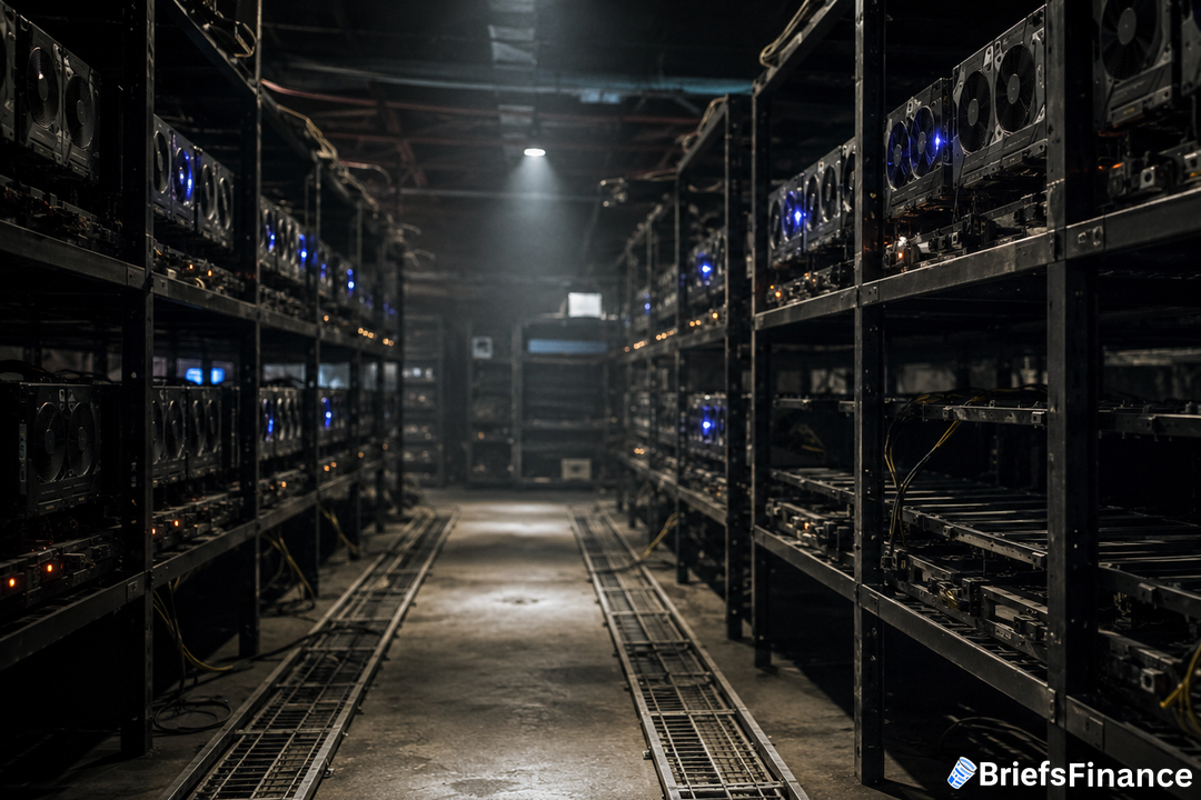 Dimly lit server aisle inside a converted crypto mining facility with empty GPU racks