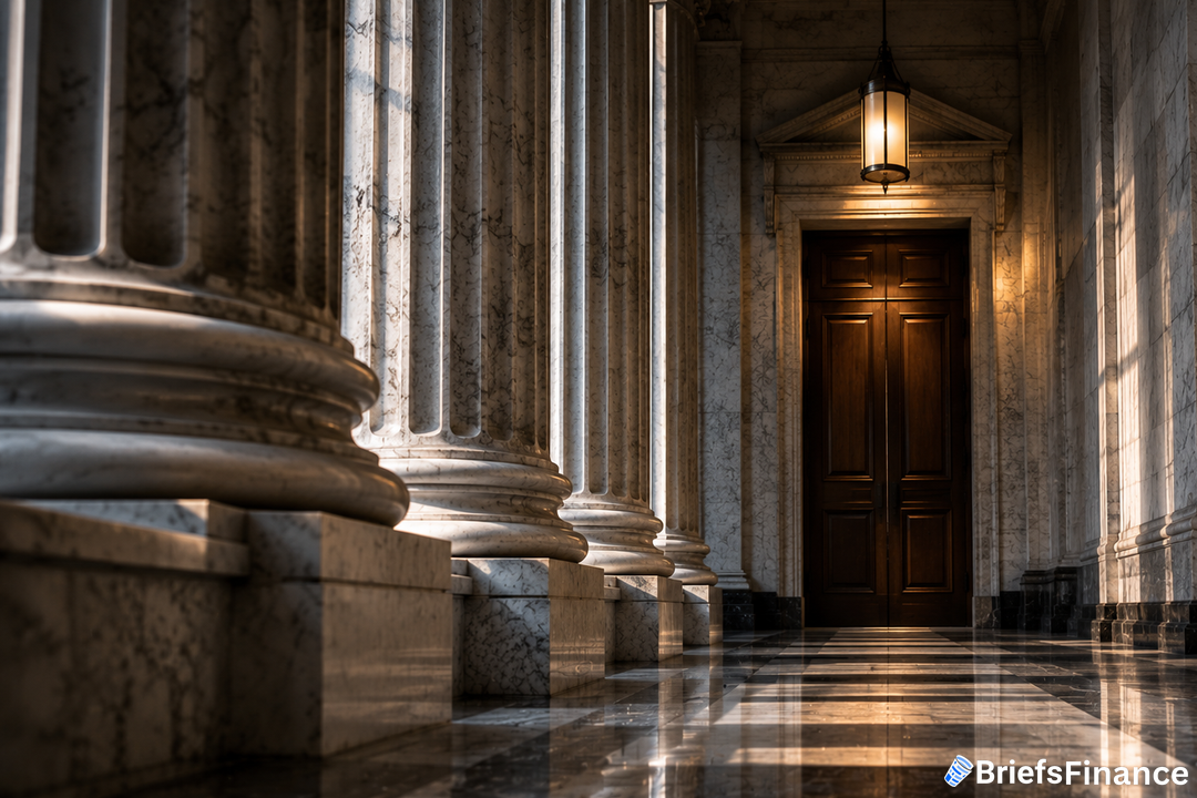 Marble courthouse corridor with tall columns and a closed wooden door