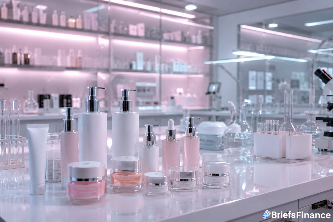 Modern cosmetics laboratory with skincare bottles