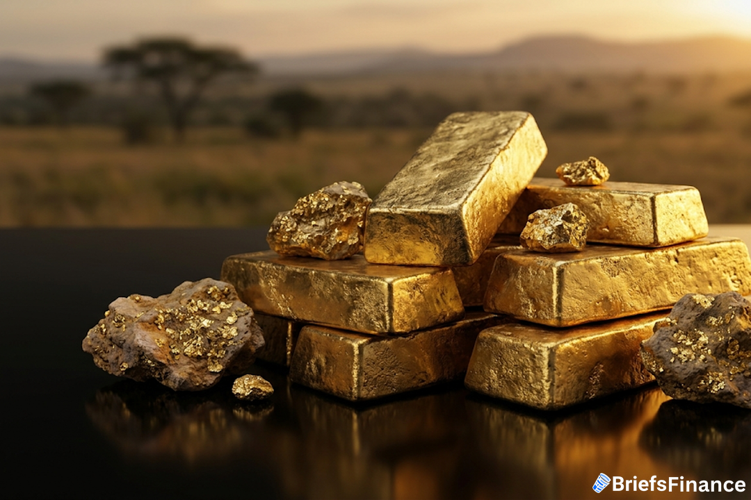Stack of gold bars and gold ore on a dark reflective surface
