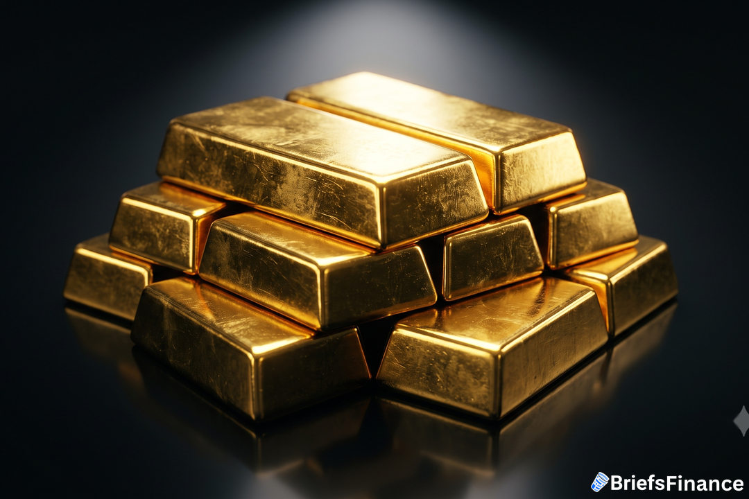 Stacked gold bars on a dark reflective surface
