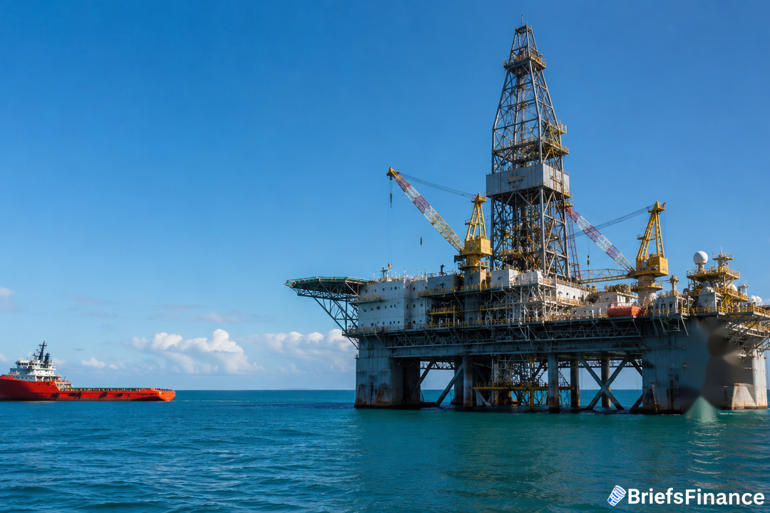 Offshore oil drilling platform in calm blue water