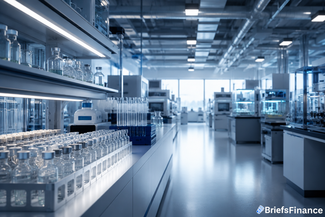 Modern pharmaceutical laboratory with rows of glass vials under blue-white light